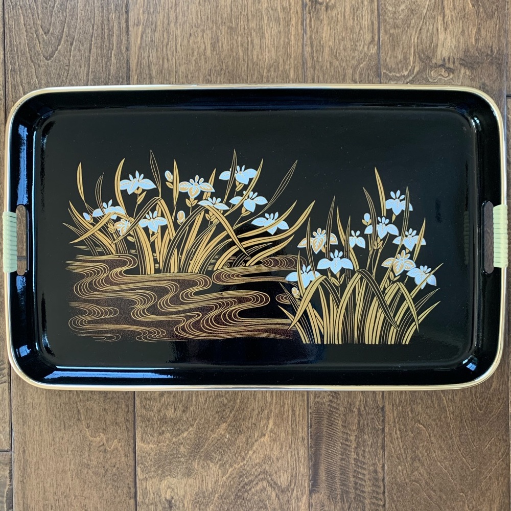 Vintage Art Decor Black Floral Lacquerware Tray